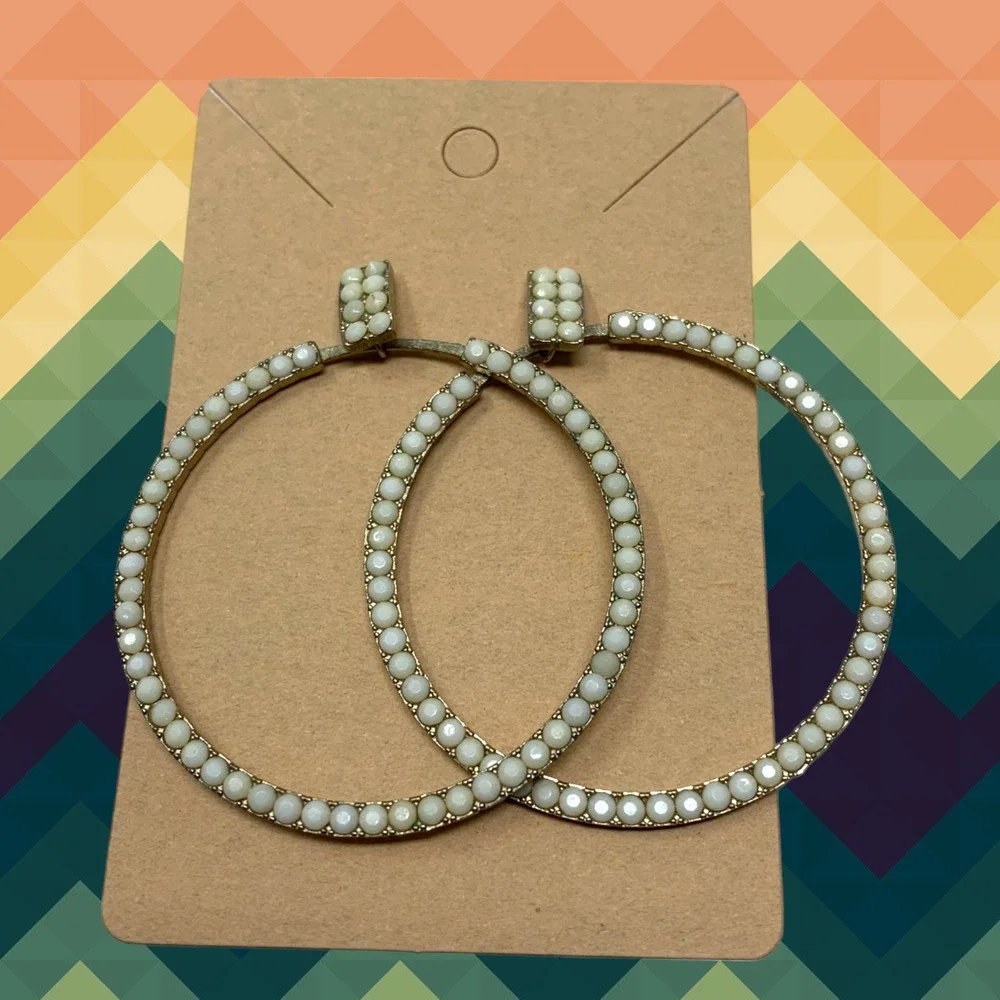 Vtg 1980's Oversized Dangle Hoop Earrings White Studs Pierced Carded New Wave